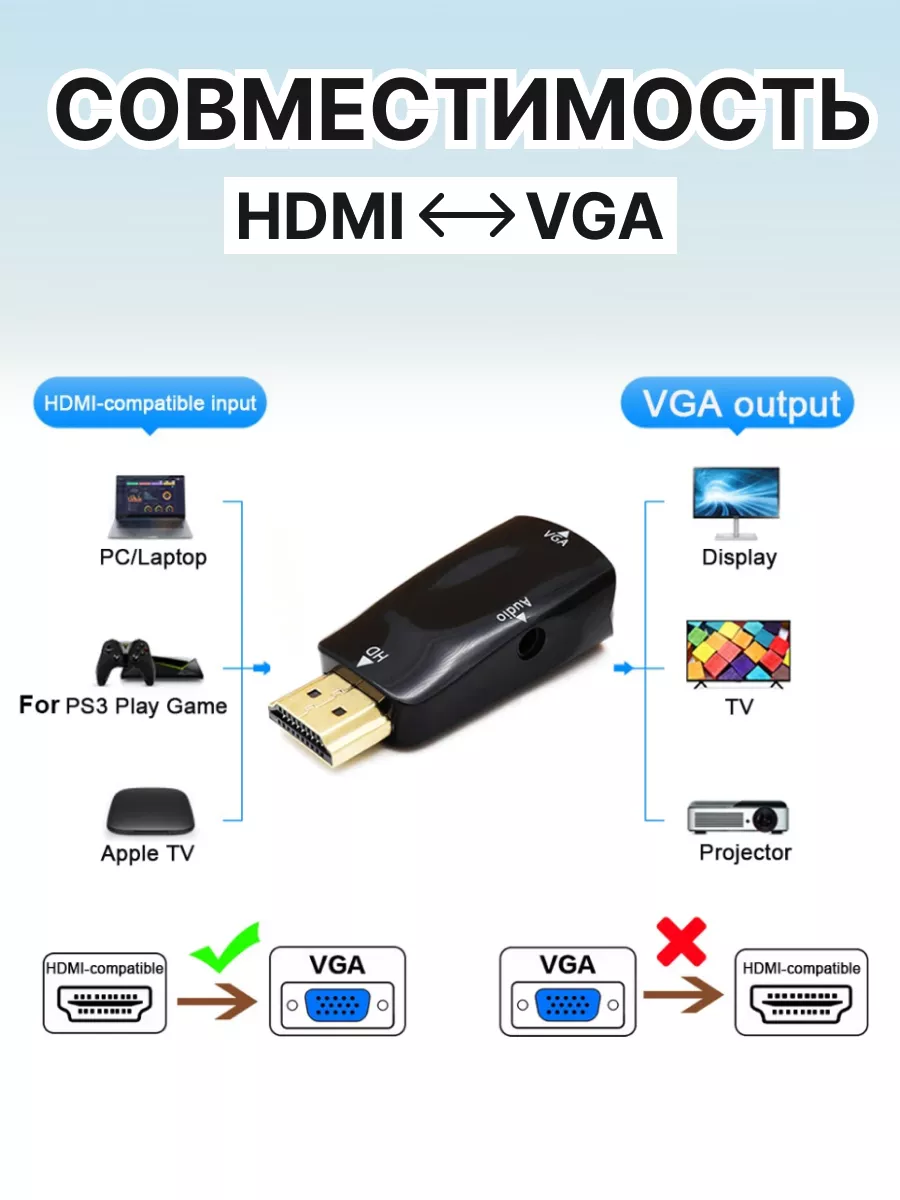 Переходник HDMI-VGA с выходом 3.5 jack Переходник HDMI на VGA купить по  цене 499 ₽ в интернет-магазине Wildberries | 73493844