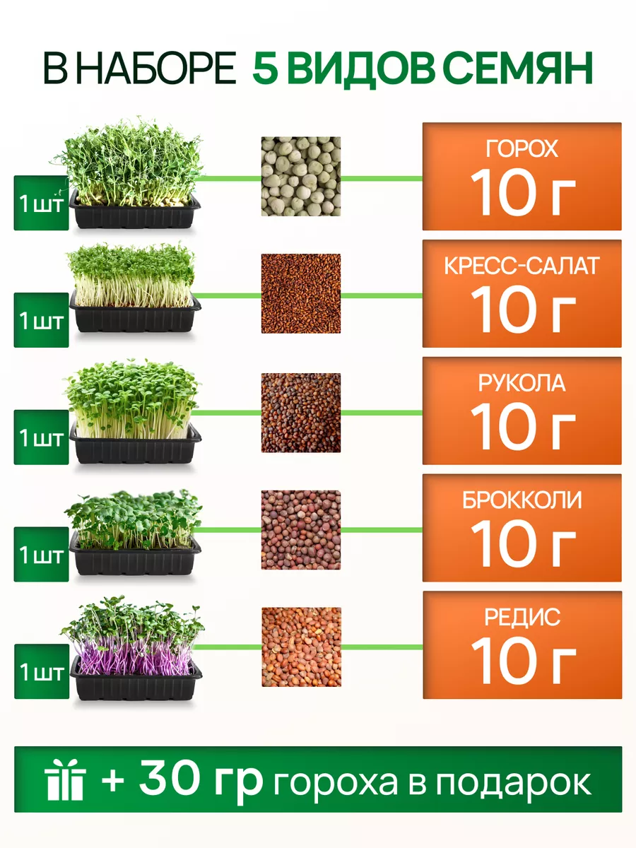 EcoGroup Микрозелень набор для проращивания 5 сортов семян
