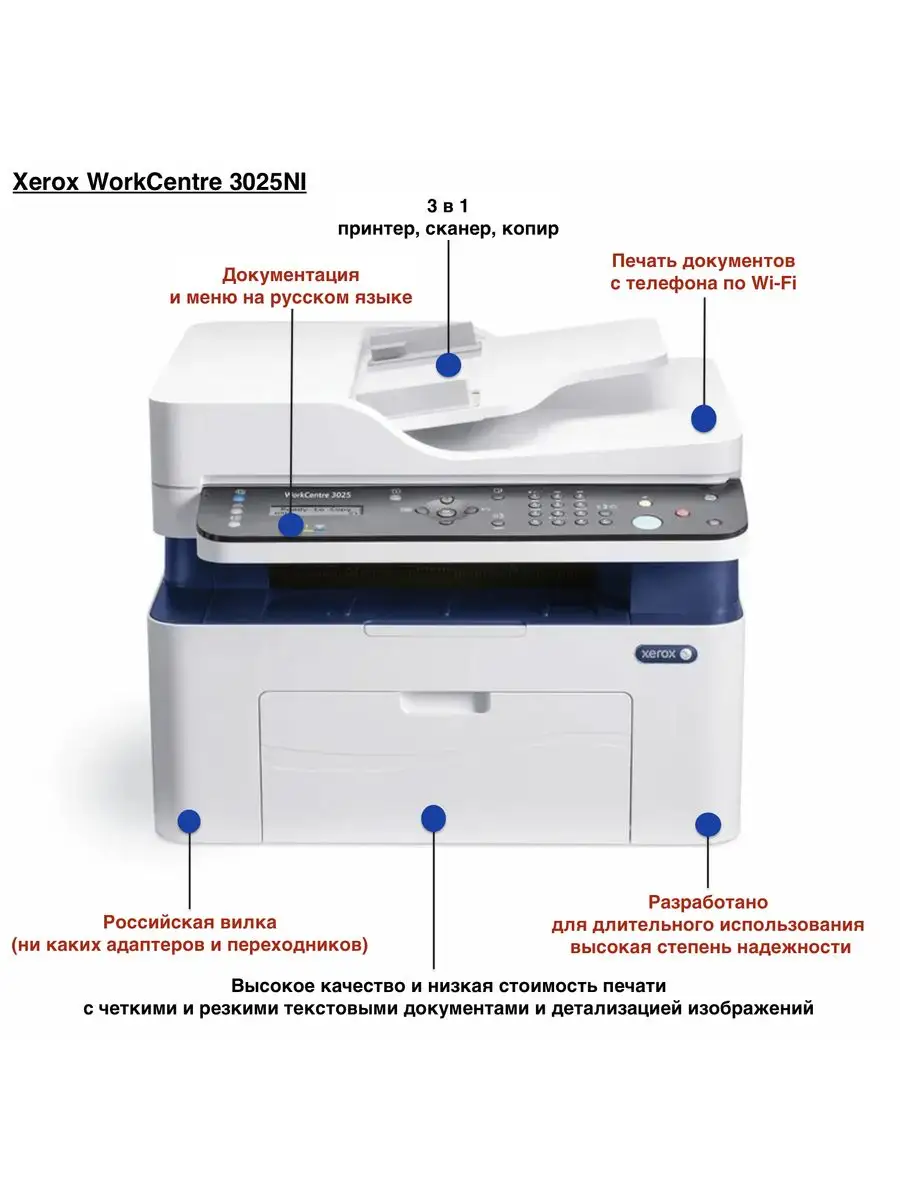 Xerox 3025NI WorkCentre МФУ лазерное + USB кабель + Wi-Fi + Факс